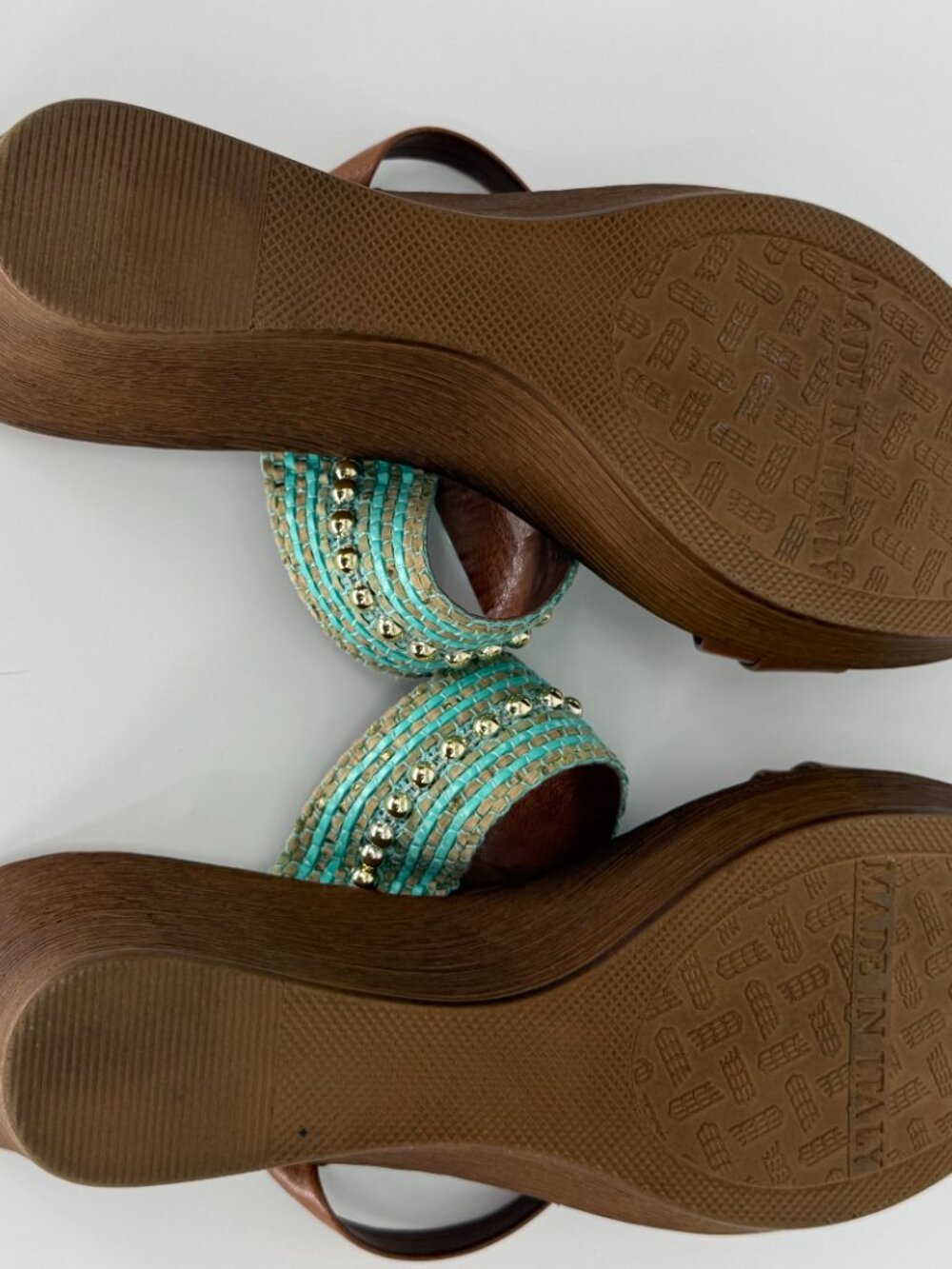 Toscanella Italian Leather Wedge Sandals - Teal Beaded Detail - Size 6 - Picture 6 of 6